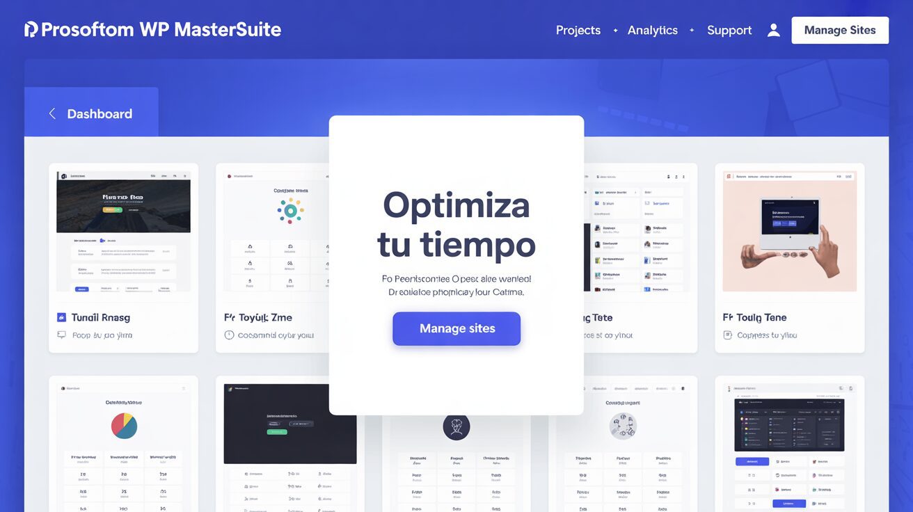 Dashboard de ProSoftom WP MasterSuite mostrando una interfaz limpia y profesional